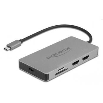 Докинг станция Delock 87004, от USB-C към 1x USB-C (PD), 2x USB-A, 2x HDMI (4K@60Hz), 1x RJ45, 1x SD четец, 1x MicroSD четец, сива | JAR Computers DeLock 87004