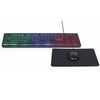Комплект клавиатура, мишка и пад Gembird KBS-UML-01, оптична мишка(1000 dpi) с 4 бутона, LED подсветка на клавиатурата, 300 х 250 мм пад, USB, черни image
