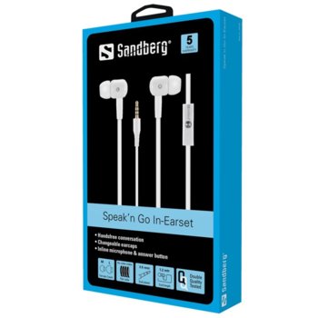 Слушалки Sandberg Speak'n Go In-Earset SNB-125-63, микрофон, бели | JAR Computers Sandberg Speak'n Go In-Earset SNB-125-63