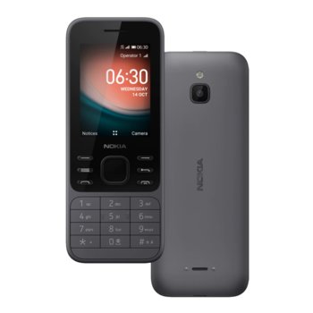 GSM Nokia 6300 (сив), поддържа 2 SIM карти, 2.4" (6.10 cm) TFT дисплей, четириядрен Snapdragon 210 1.1GHz, 512MB RAM, 4GB Flash памет (+ microSD слот), 0.3 MPix камера, KaiOS image