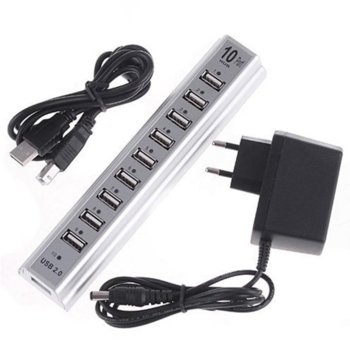USB Хъб H010, 10 порта, от USB Type-A към 10x USB 2.0 Type-A, сив | JAR Computers USB HUB 2.0 / 10 ports модел - H010