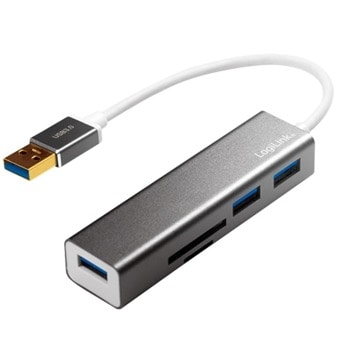 Четец за карти LogiLink Cardreader + USB 3.0 HUB (UA0306), USB Type-A вход, 3x USB 3.0, SD, microSD, сребрист image