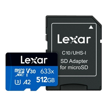 Карта памет 512GB с адаптер microSDXC Lexar High Performance 633x, Class 10 UHS-I, скорост на четене 100 MB/s, скорост на запис 70 MB/s | JAR Computers Lexar 512GB SDXC High Performance 633x LSDMI512BB6