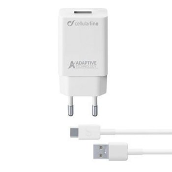 Зарядно устройство Cellularline 4679, от контакт към USB A(ж), 15W, бяло, с включен USB Type-C кабел | JAR Computers Cellularline IT4679 адаптивно зарядно Type-C 15W