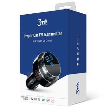 FM трансмитер 3MK Hyper Car FM Transmitter, от 87.5 до 99.8MHz, 2x USB-A, microSD слот, QuickCharge, черен | JAR Computers 3MK Hyper Car FM Transmitter