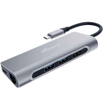 Докинг станция MEDIARANGE MRCS510, от USB C към 1x USB C(PD), 2x USB A, 1x HDMI, 1x SD/MicroSD четец, 1x RJ45, сребрист | JAR Computers MEDIARANGE MRCS510