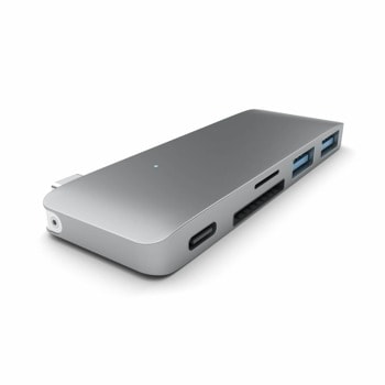 USB Хъб Satechi ST-TCUPM, 2 порта, от USB Type-C към 1x USB Type-C (Power Delivery), 2x USB 3.0 Type-A, MicroSD/SD слот, 5000 Mbit/s, сив | JAR Computers Satechi USB-C Pass Through USB Hub ST-TCUPM 30065