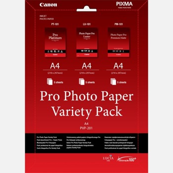 Фотохартия комплект Canon Pro Photo Paper Variety Pack PVP-201, A4, комплект 5xPT-101, 5xLU-101, 5xPM-101, 15 листа image
