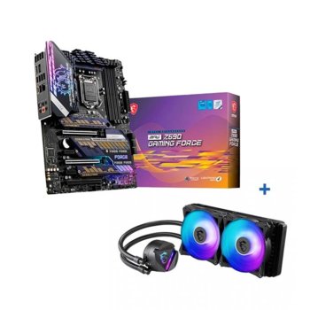 Дънна платка MSI MPG Z590 GAMING FORCE в комплект с водно охлаждане за процесор MSI MAG CORELIQUID 240R и подаръци, Z590, LGA1200, DDR4, PCI-E 4.0 (DP/HDMI)(CF), 6x SATA 6Gb/s, 3x M.2, 1x USB 3.2 Gen 2x2 Type-C, ATX | JAR Computers MSI MPG Z590 GAMING FORCE + CORELIQUID 240R + GIFT
