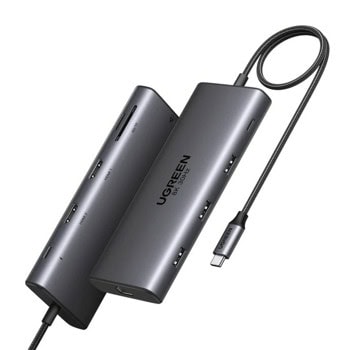 Докинг станция Ugreen CM639, от USB-C към 1x USB-C(PD), 1x USB-C, 3x USB-A, 2x HDMI, 1x RJ45, 1x SD четец, 1x microSD четец, сива | JAR Computers Ugreen CM639 15534