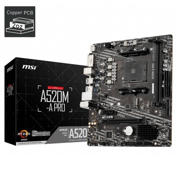 Дънна платка MSI A520M-A Pro, AM4, A520, DDR4, PCIe (HDMI&DVI-D), 4x SATA 6Gb/s, M.2, USB 3.2 (Type-A), Micro ATX | JAR Computers Дънна платка MSI A520M-A Pro