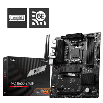 Дънна платка MSI PRO B650-S WIFI, B650, AM5, DDR5, PCI-E 4.0 (HDMI&DP), 2x M.2, 4x SATA 6Gb/s, 4x USB 3.2 Gen 1 Type-A, 1x USB 3.2 Gen 2x2 Type-C, Wi-Fi 6E, Bluetooth, ATX | JAR Computers MSI PRO B650-S WIFI