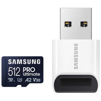 Карта памет 512GB microSDXC с USB четец, Samsung PRO Ultimate (MB-MY512SB/WW), Class UHS-I U3, скорост на четене до 200MB/s, скорост на запис до 130MB/s | JAR Computers Samsung PRO Ultimate 512GB MB-MY512SB/WW