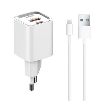 Зарядно устройство LDNIO A2318C, от контакт към 1x USB Type-C (ж), Type-А (ж), 5V/3.0A, бял, кабел от USB Type-A (м) към Lightning (м) | JAR Computers зарядно устройство ldnio a2318c 40290