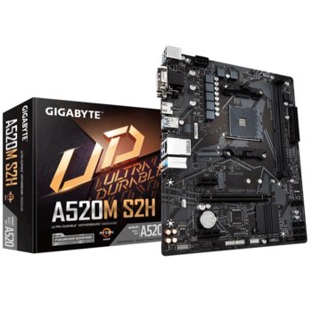 Дънна платка Gigabyte A520M S2H, A520, DDR4, PCI-E 3.0(HDMI/DVI/VGA), 4x SATA 6Gb/s, 1x M.2, 4x USB 3.2 Gen 1, Micro ATX | JAR Computers Gigabyte A520M S2H