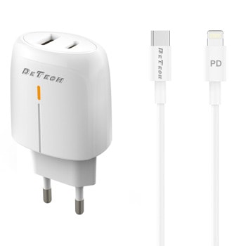 Зарядно устройство DeTech DE-31PDL, от контакт към 1x USB-A(ж)/1x USB-C(ж), 20W, бяло, кабел от USB-C(м) към Lightning(м) | JAR Computers Зарядно устройство DeTech DE-31PDL 40323