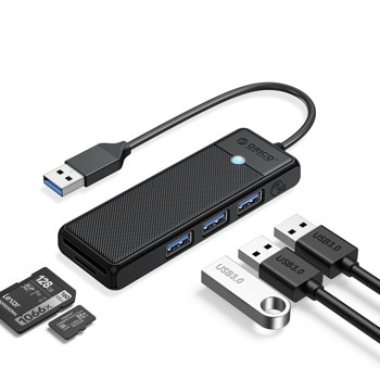 USB Хъб Orico PAPW3AT-U3-015-BK, 5 порта, от USB Type-A към 3x USB 3.0 Type-А, слот за MicroSD карта, слот за SD карта, черен | JAR Computers USB хъб Orico USB 3.0 HUB to 3 x USB 3.0 SD TF
