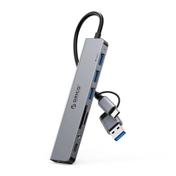 USB хъб Orico YSA8-U3, 7 порта, от USB Type-C/A към 1x USB 3.0 Type-A, 3x USB 2.0 Type-A, 1x Type-C, 1x MicroSD/SD слот, 1x AUX, сив | JAR Computers Orico YSA8-U3