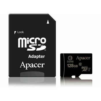 Карта памет 128GB microSDXC с адаптер, Apacer, Class 10 UHS-I, скорост на четене 80MB/s, скорост на запис 20MB/s image