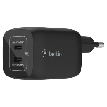 Зарядно устройство Belkin BoostCharge Pro (WCH013vfBK), от контакт към 2x USB-C(ж), 65W, черно, Power Delivery 3.0 | JAR Computers Зарядно Belkin WCH013vfBK 2x USB-C черно