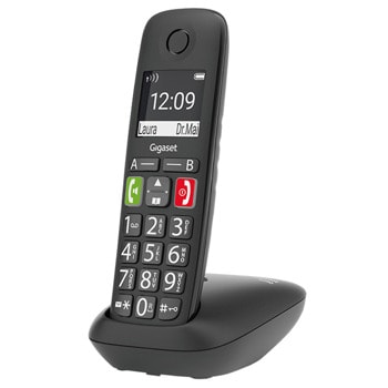 Безжичен DECT телефон Gigaset E290, 2" (5.08cm) монохромен дисплей, 1 линия, еко режим, адресна памет до 150 номера, функция "свободни ръце", нощен режим, 8 програмируеми бутона, черен | JAR Computers Безжичен DECT телефон Gigaset E290 черен