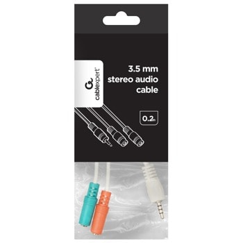 Преходник Gembird CCA-417W, от 3.5mm Jack(м) към 2x 3.5mm Jack(ж) stereo + microphone, 0.2m, бял | JAR Computers Преходник Gembird 3.5mm Jack(м) към 2x 3.5mm (ж)