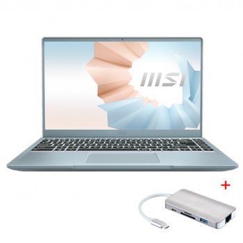Лаптоп MSI Modern 14 B11MO (9S7-14D312-008)(син) с подарък USB хъб MSI 9-in-1 Type-C Multiport Hub, четириядрен Tiger Lake Intel Core i7-1165G7 4.70 GHz, 14.0" (35.56 cm) FHD IPS Display, (HDMI), 8GB DDR4, 512GB SSD, Type-C USB 3.2, Windows 10 Home | JAR Computers MSI Modern 14 B11MO + 9-in-1 Type-C Multiport Hub