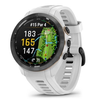 Смарт часовник Approach S70, 1.2" (3.04cm) AMOLED дисплей, Bluetooth, Wi-Fi, 5ATM, до 10 дни време на работа, GPS, пулсомер, следене на съня, 32GB Flash памет, черен безел с бяла каишка | JAR Computers Смарт часовник Garmin Approach S70 черен безел