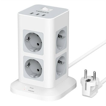 Разклонител Tessan TPS03, 8 гнезда, 3x USB, защита от токови удари, бутон за вкл./изкл., бял | JAR Computers Tessan TPS03