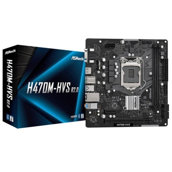 Дънна платка ASRock H470M-HVS R2.0, H470, LGA1200, DDR4, PCIe 3.0 (HDMI&VGA), 4x SATA 6Gb/s, 2x USB 3.2 Gen 1, mATX | JAR Computers ASRock H470M-HVS R2.0