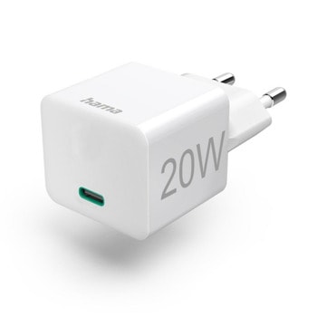 Зарядно устройство Hama Mini-Charger 201650, от контакт към USB-C(ж), Power Delivery, Quick Charge 2.0/3.0, 20W, бяло | JAR Computers Hama Mini-Charger White