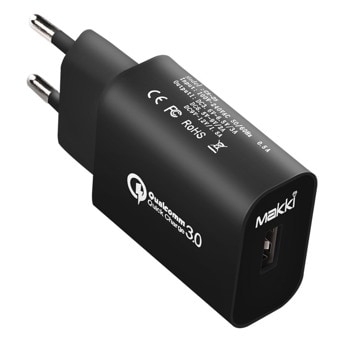 Зарядно устройство Makki QC18W-BK, от контакт към 1x USB A(ж), 5-12V, 3A, 18W, черно, Quick Charge 3.0 image
