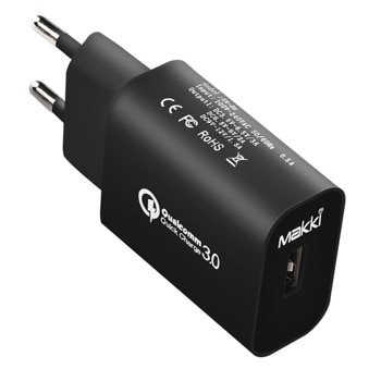 Зарядно устройство Makki QC18W-BK, от контакт към 1x USB A(ж), 5-12V, 3A, 18W, черно, Quick Charge 3.0 | JAR Computers Makki QC18W-BK