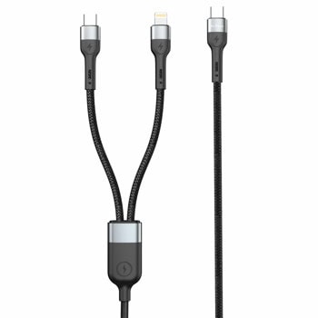 Кабел DeTech DE-49CCL, от USB C(м) към USB C(м), Lightning, 1m, 30W, черен | JAR Computers кабел de-49ccl usb c m to usb c m lightning