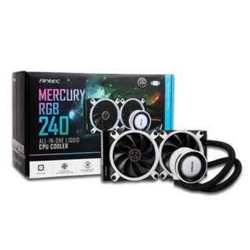 Водно охлаждане за процесор Antec Mercury M240 RGB, съвместимост със сокети LGA 2066/2011-V3/ LGA2011/LGA1366/LGA1156/1155/1151/1150/775 & AMD TR4/AM4/AM3+/AM3/AM2+/AM2/FM2+/FM2/FM1 | JAR Computers Antec Mercury M240 RGB