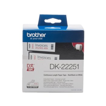 Лента за етикетен принтер Brother тип DK, черен и червен цвят на бял фон, 62mm x 15.24m, PN: DK-22251 | JAR Computers Етикетна лента Brother DK-22251