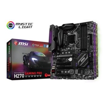 Дънна платка MSI H270 GAMING PRO CARBON, H270, LGA1151, DDR4, PCI-E(DVI,HDMI)(CF), 6x SATA 6Gb/s, 2x M.2 Socket, 10x USB 3.1, 6x USB 2.0, ATX | JAR Computers MSI H270 GAMING PRO CARBON