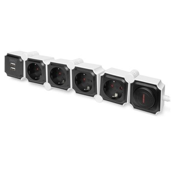 Разклонител ASSMANN DA-70620, 4 гнезда, 2x USB A порта, защита на клемите, 1.6m, черен | JAR Computers ASSMANN DA-70620