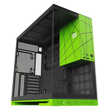 Кутия Geometric Future Model 5, EATX/ATX/microATX/Mini-ITX, 1x USB 3.2 Gen 2 Type-C, 2x USB 3.0, с прозорец, черна/зелена, без захранване | JAR Computers Geometric Future Model 5 Black/Green 1AM5WKNV00100