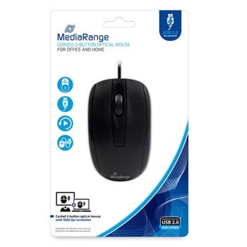 Мишка MediaRange MROS211, оптична, 1000 dpi, USB, черна, 1.5m кабел | JAR Computers MediaRange MROS211 Black