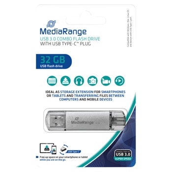 Памет 32GB USB Flash Drive, MediaRange MR936, USB 3.0 Type A/C, сребриста | JAR Computers USB 3.0 Type A/C 32GB MediaRange MR936
