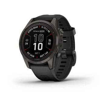 Смарт часовник Garmin fenix 7S Pro Sapphire Solar Edition, Carbon Grey DLC Titanium, 1.20"(30.40 мм) Power Sapphire дисплей, 32GB, водоустойчивост, до 14 дни време на работа, соларно зареждане, GPS, компас, Carbon Grey DLC Titanium с Black каишка | JAR Computers Garmin fenix 7S Pro Sapphire Solar Soft Carbon Gre