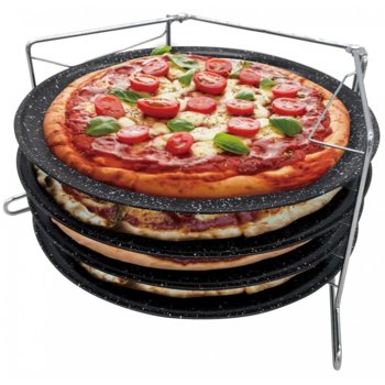 Комплект тави за пица и поставка KingHoff KH 1553, 39х24х20 см, 4 части, стомана, мраморно покритие, черен image