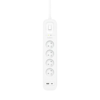 Разклонител Belkin SRB001ca2M, 4 гнезда, 1x USB-A, 1x USB-C(PD), защита от пренапрежение, бутон за вкл./изкл., 1m, бял | JAR Computers Belkin SRB001ca2M