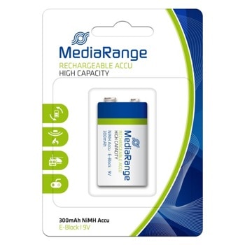 Акумулаторна батерия MediaRange Rechargeable High Cap. MRBAT124, HR22, 9V, 300 mAh, NiMH, 1 брой, | JAR Computers BATTERY MEDIARANGE HIGH CAP MRBAT124