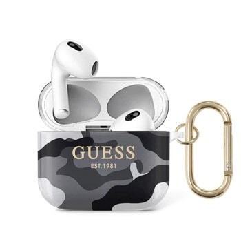 Защитен калъф Guess Airpods 3 Silicone Case Camo Collection, за Apple Airpods 3, силиконов, с карабинер, бял камуфлаж | JAR Computers Guess Airpods 3 Silicone Case Camo Collection