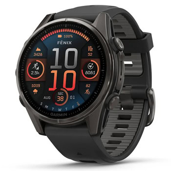 Смарт часовник Garmin fenix 8 43mm (Black/Pebble Grey), 1.3" (3.3cm) AMOLED дисплей, Bluetooth, ANT+, Wi-Fi, GPS, 32GB Flash памет, мониторинг на съня, следене на сърдечния ритъм, 10ATM, до 10 дни време на работа, Sapphire/Carbon DLC Titanium, черен | JAR Computers Garmin fenix 8 43mm Sapphire/Carbon DLC 010-02903