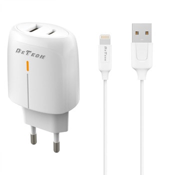 Зарядно устройство DeTech DE-31i, от контакт към 1x USB-A(ж)/1x USB-C(ж), 20W, бяло, кабел от USB-A(м) към Lightning(м) | JAR Computers Зарядно устройство DeTech DE-31i 40320