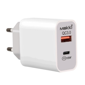 Зарядно устройство MAKKI(MAKKI-PQ18W-WH), от контакт към USB, 12V,1.5A, 18W, 110/240V, бяло | JAR Computers Makki MAKKI-PQ18W-WH