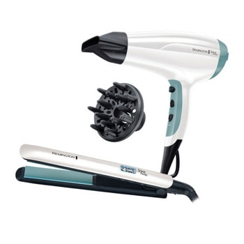 Комплект Remington Shine Therapy S8500GP, преса за блясък, 150C - 230C, сешоар без наелектризиране, 2300W, Turbo Boost, йонизация, 3 настройки за температура и 2 за скорост, бяла | JAR Computers комплект remington shine therapy s8500gp